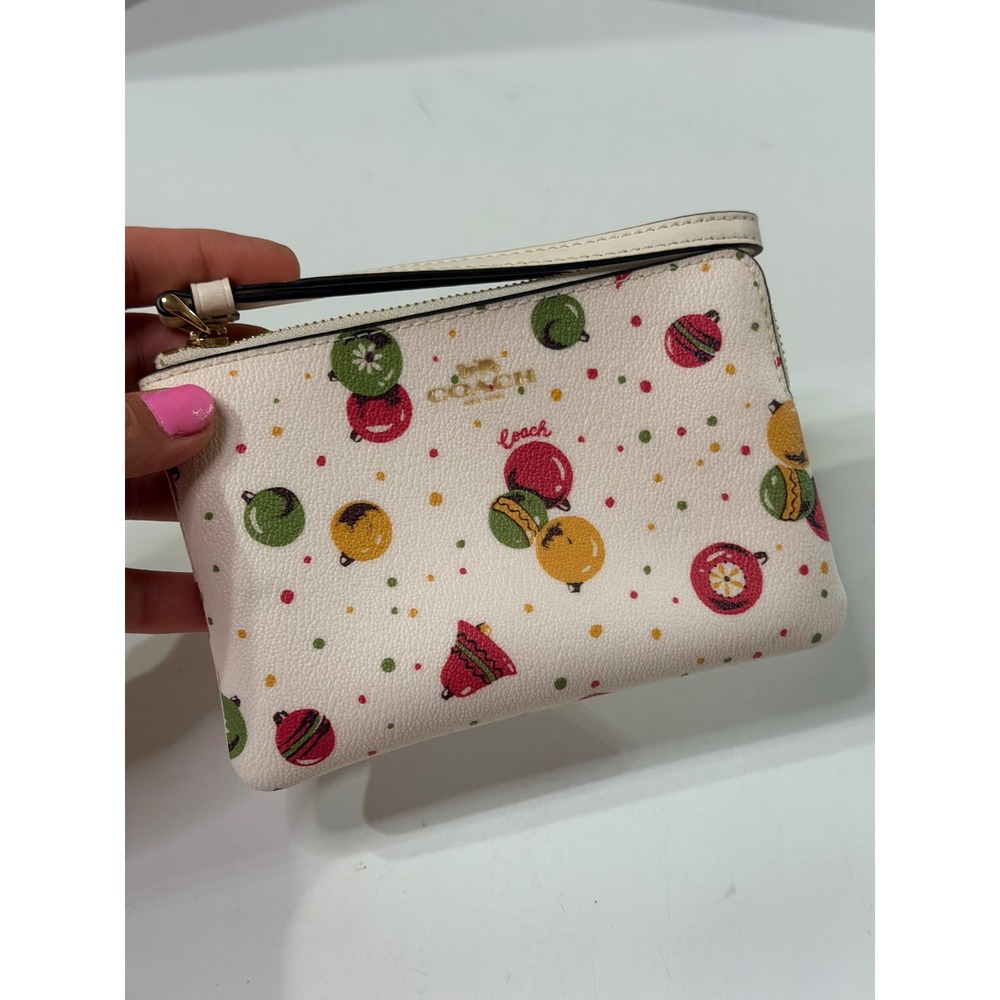 Coach Small Wristlet Chalk Multi Holiday Ornament Print Leather Zip Clutch